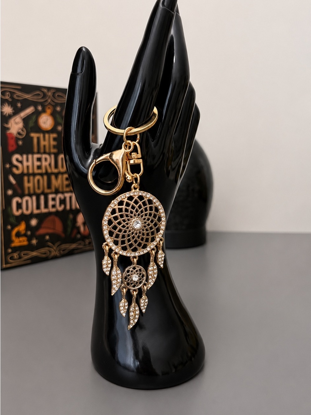 Gold Dreamcatcher Keychain, Boho Bag Charm, Rhinestone Purse Charm Gift
